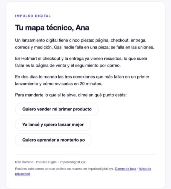 Correo de bienvenida recibido en la bandeja de entrada, con el mapa técnico y las opciones para responder